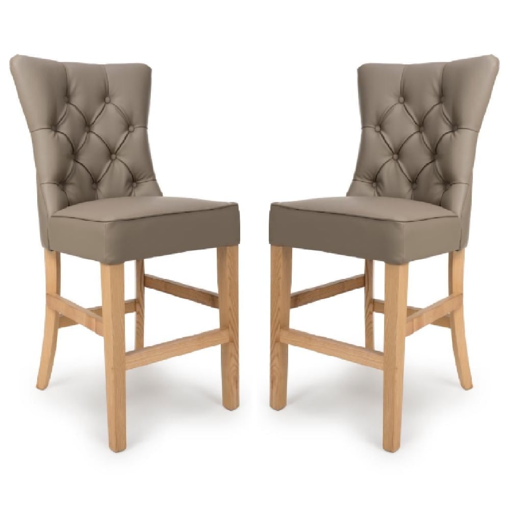 Elyria Taupe PU Leather Bar Chairs With Oak Legs In Pair