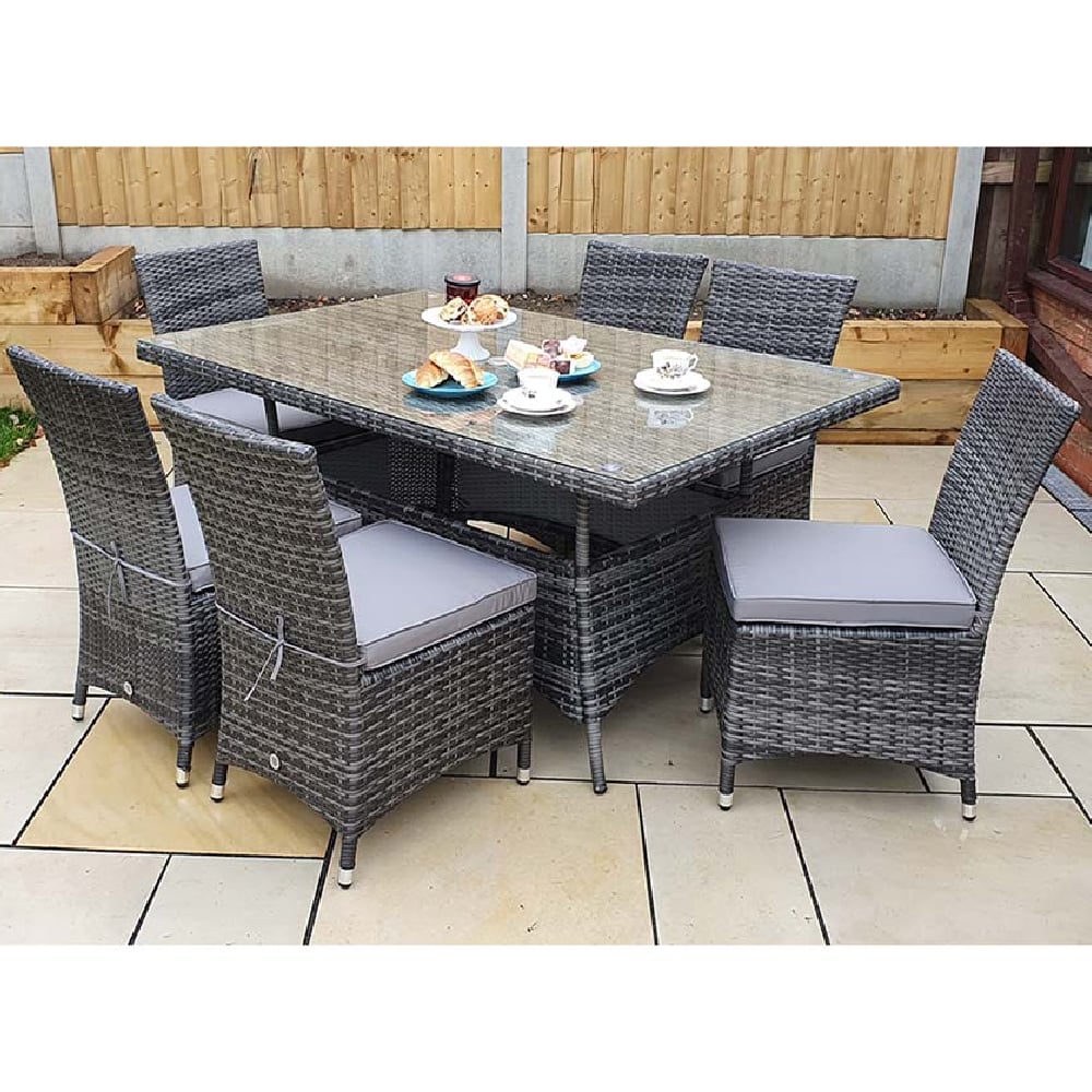 Elysia Glass Top Garden Rectangular Dining Table In Grey