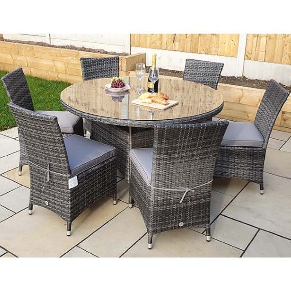 Elysia Large Glass Top Garden Round Dining Table In Grey | Bed Sava