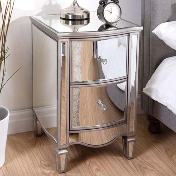 Elyssa Mirrored Bedside Cabinet With 2 Drawers In Silver | Bed Sava