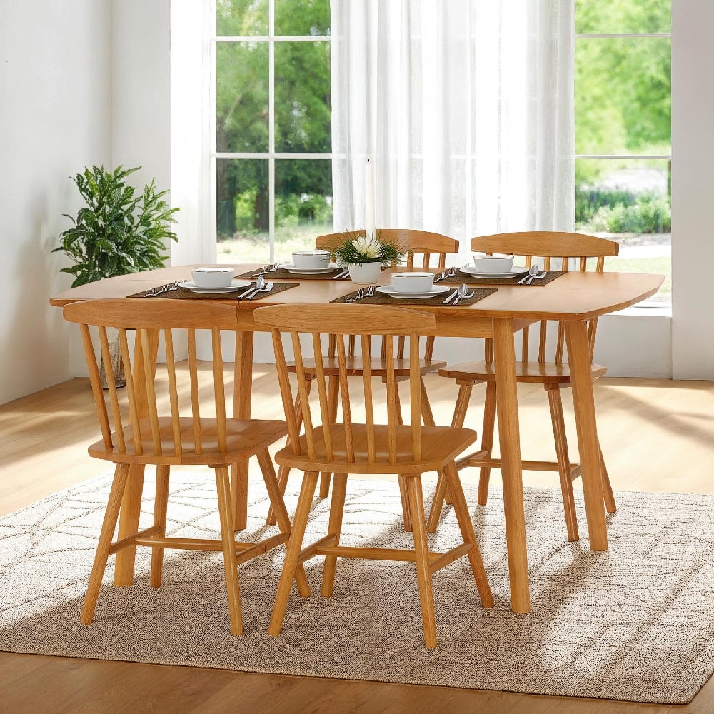 Emmett Wooden Extending Dining Table With 4 Chairs In Natural Oak