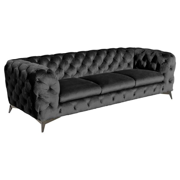 Endicott Velvet Deep Button 3 Seater Sofa In Black | Bed Sava