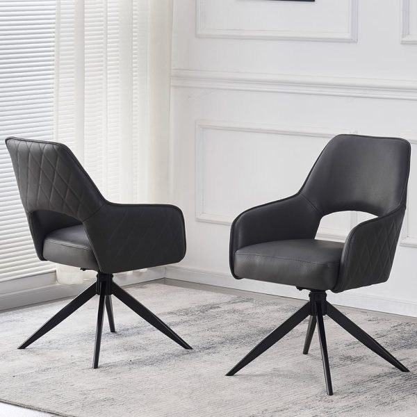 Enid Dark Grey PU Leather Dining Chairs With Black Legs In Pair | Bed Sava