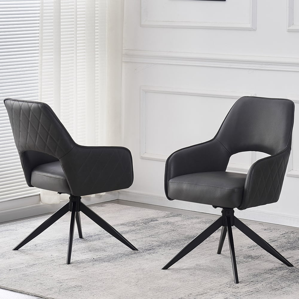 Enid Dark Grey PU Leather Dining Chairs With Black Legs In Pair
