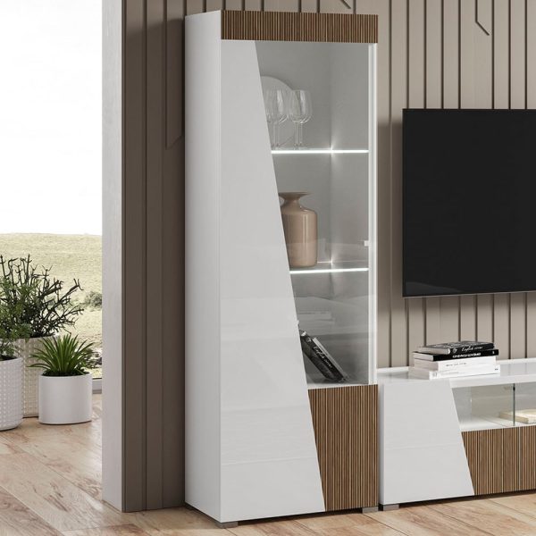 Enna High Gloss Display Cabinet 1 Door Left In White And LED | Bed Sava