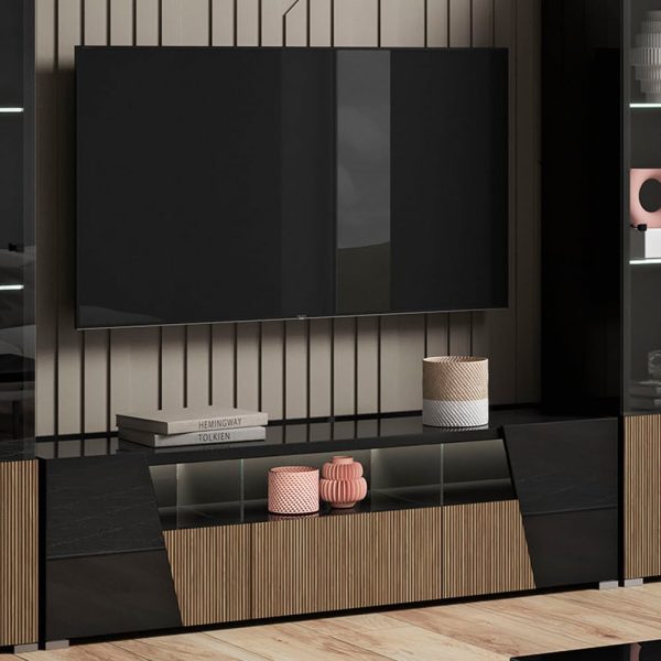 Enna High Gloss TV Stand In Black With 3 Doors And LED | Bed Sava