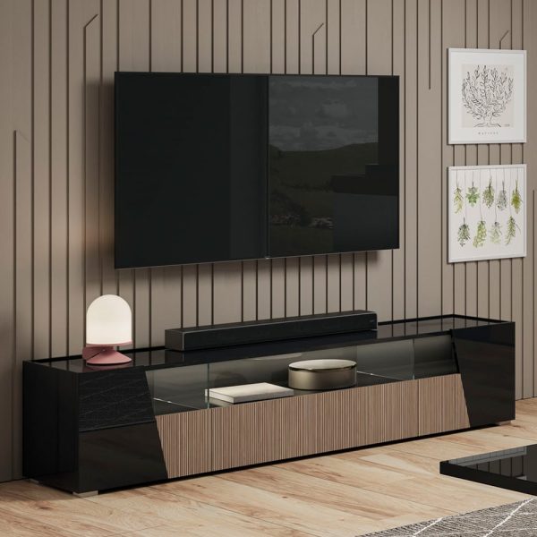 Enna High Gloss TV Stand In Black With 4 Doors And LED | Bed Sava