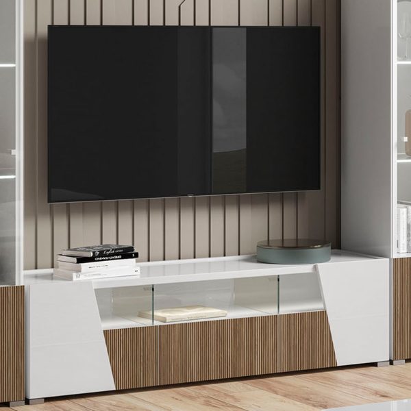 Enna High Gloss TV Stand In White With 3 Doors And LED | Bed Sava