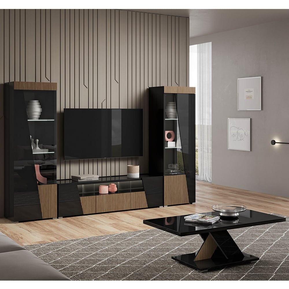 Enna Living Room Set With Coffee Table In Gloss Black And LED
