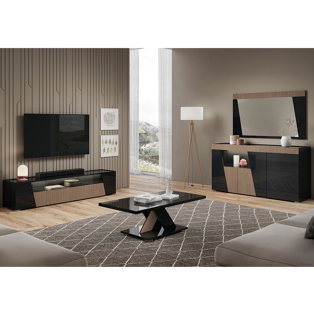 Enna Living Room Set With Sideboard In Gloss Black And LED