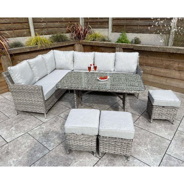 Enola Glass Top Garden Corner Dining Set With Firepit In Grey | Bed Sava