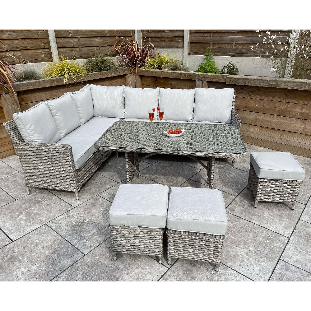 Enola Glass Top Garden Corner Dining Set With Firepit In Grey