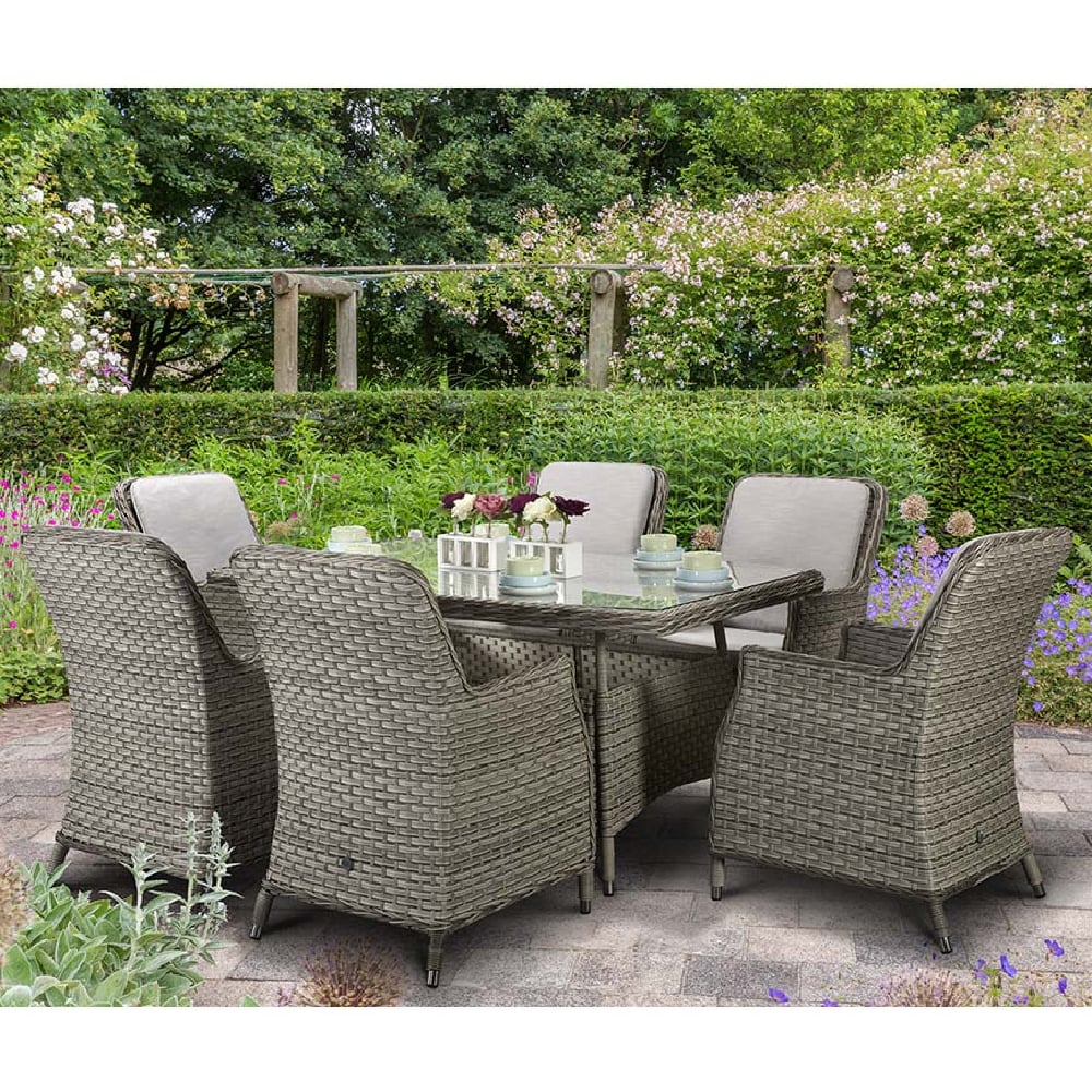 Enola Glass Top Garden Dining Set With 6 Chairs In Grey