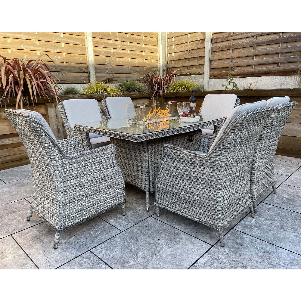 Enola Glass Top Garden Firepit Dining Set With 6 Chairs In Grey