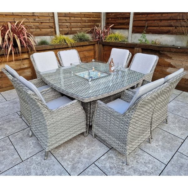 Enola Glass Top Garden Firepit Dining Set With 8 Chairs In Grey | Bed Sava