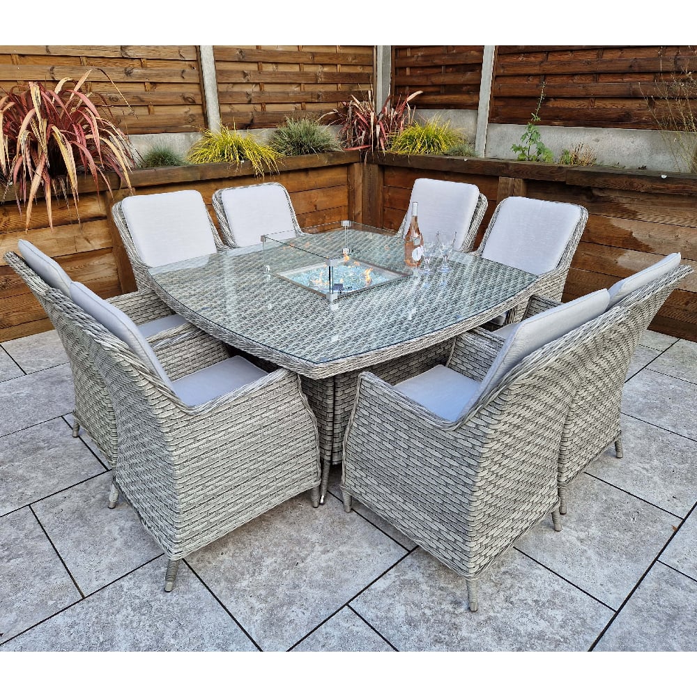 Enola Glass Top Garden Firepit Dining Set With 8 Chairs In Grey