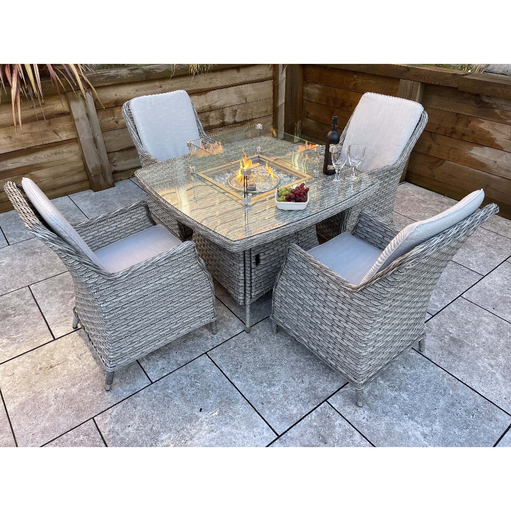 Enola Glass Top Garden Firepit Dining Set With 4 Chairs In Grey