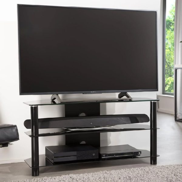 Estero Medium Glass TV Stand With Metal Frame In Black | Bed Sava