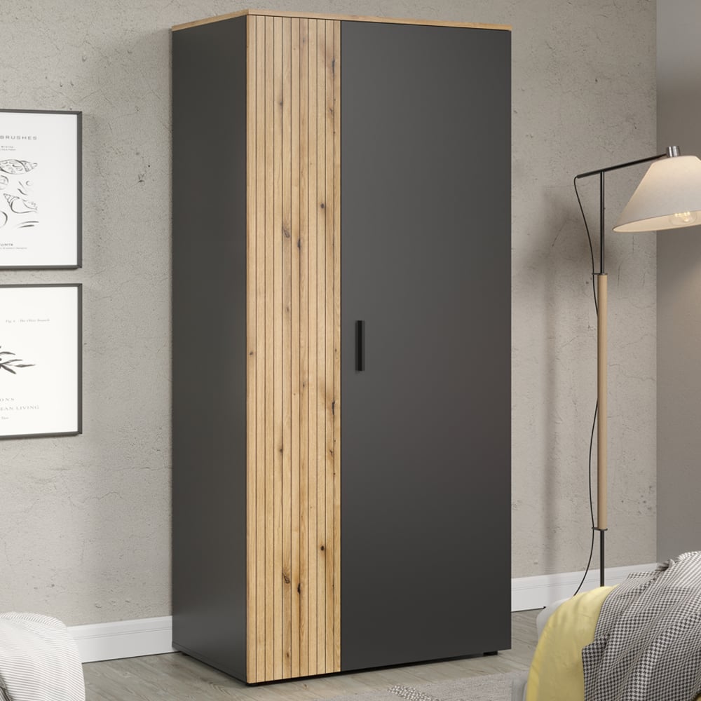 Estero Wide Wooden Wardrobe With 2 Doors In Anthracite And Oak