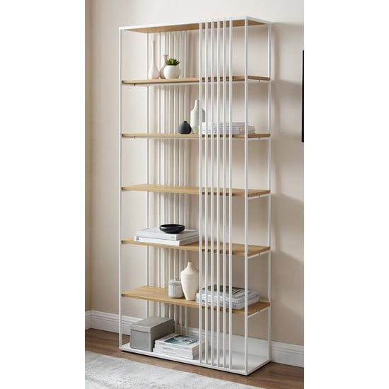 Estero Wooden Bookcase Minimalist In Coastal Oak And White