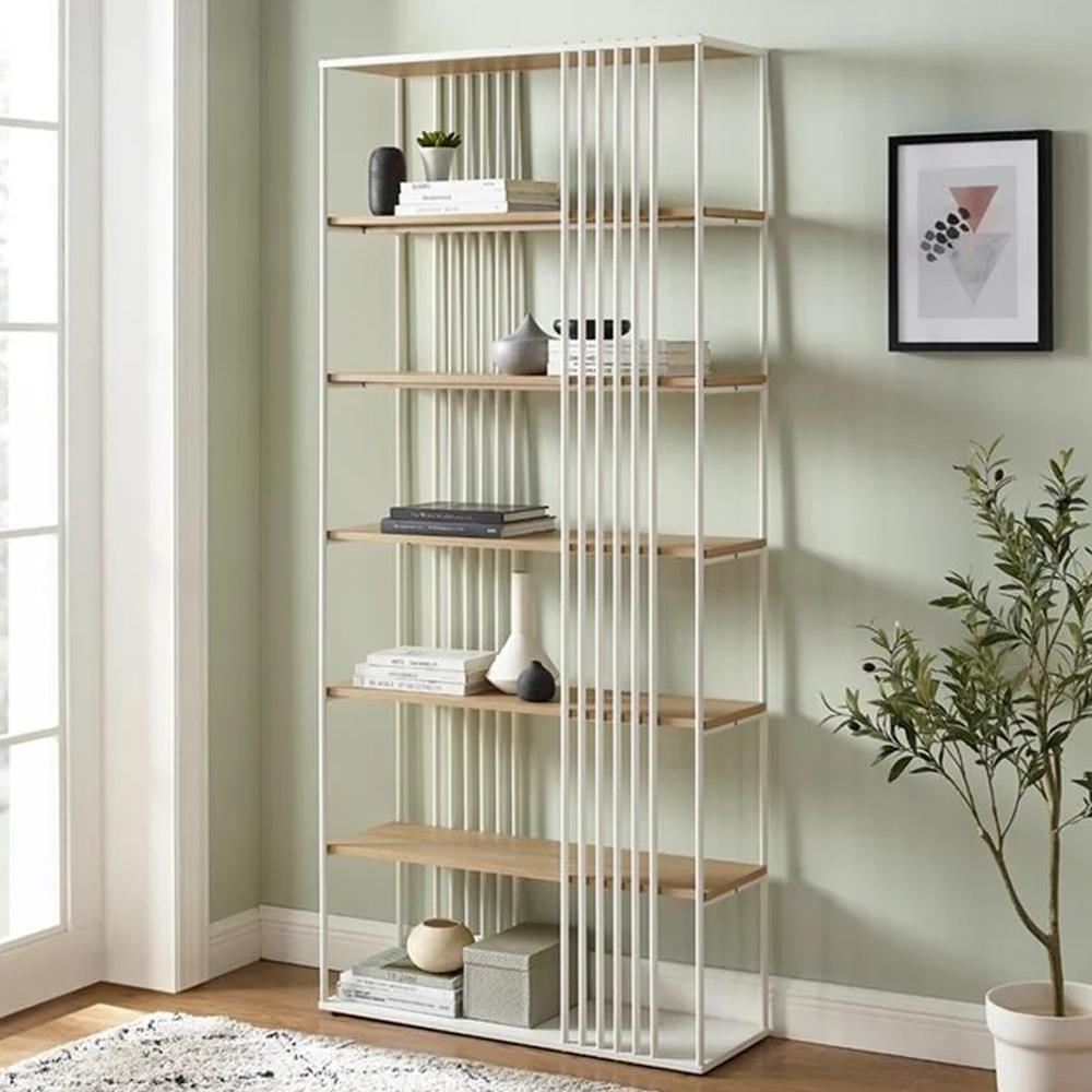 Estero Wooden Bookcase With White Metal Frame In Coastal Oak