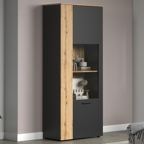 Estero Wooden Display Cabinet With 2 Doors In Anthracite And Oak | Bed Sava
