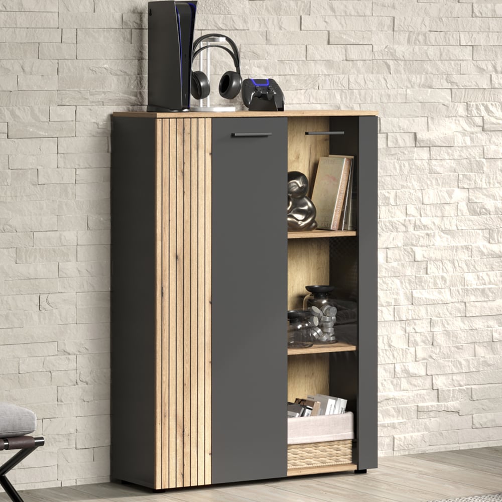 Estero Wooden Highboard With 3 Doors In Anthracite And Oak