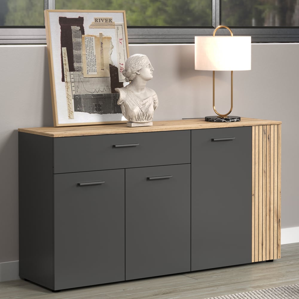 Estero Wooden Sideboard With 3 Doors 1 Drawer In Anthracite And Oak