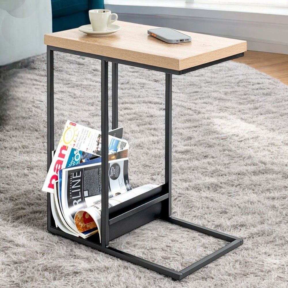 Eufaula Wooden Rectangular End Table With Black Metal Frame In Oak