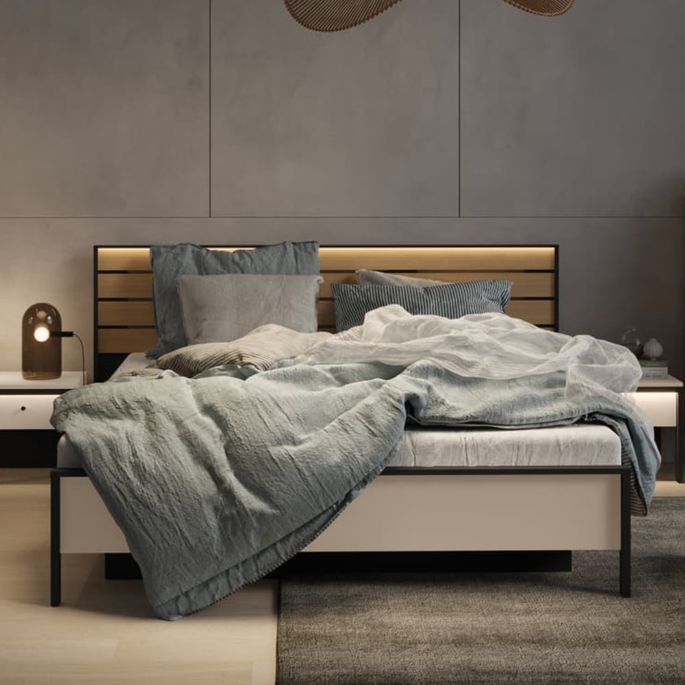 Eureka Wooden Ottoman King Size Bed In Beige And LED