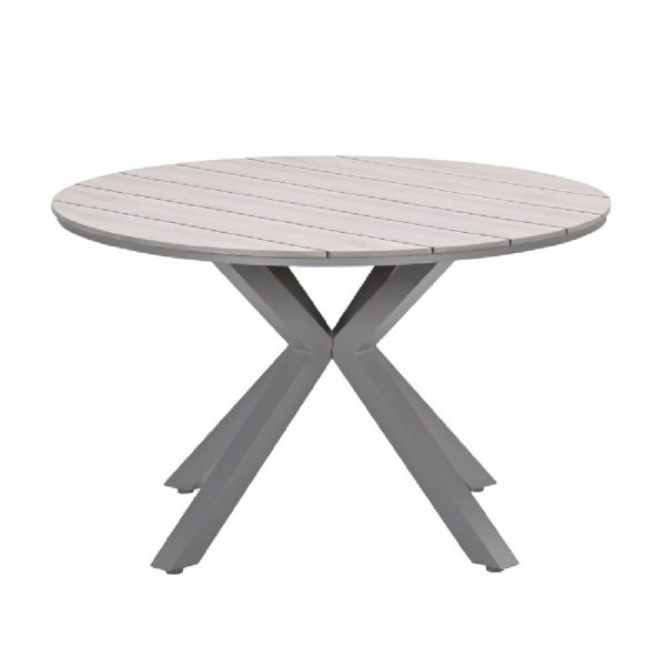 Ezra Wooden Round Garden Dining Table In Taupe | Bed Sava