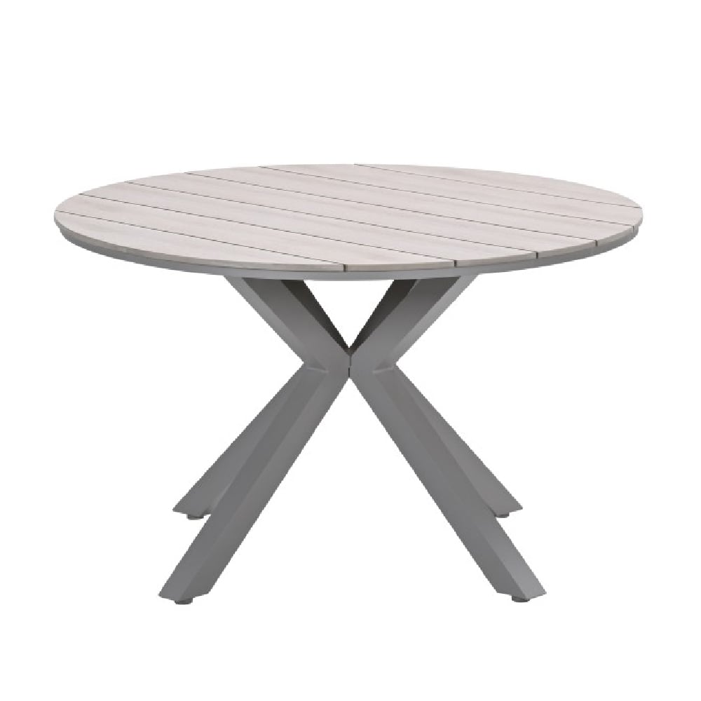 Ezra Wooden Round Garden Dining Table In Taupe