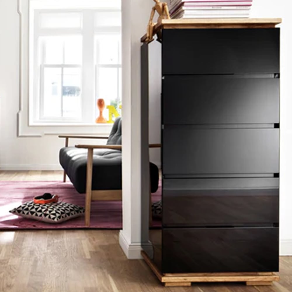 Everly Chest Of Drawers In Black High Gloss Lacquered And Oak