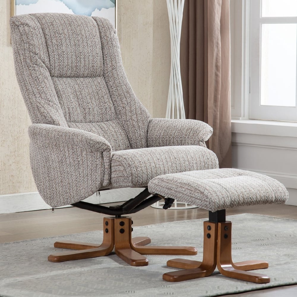 Fairlop Fabric Recliner Chair And Stool In Wheat