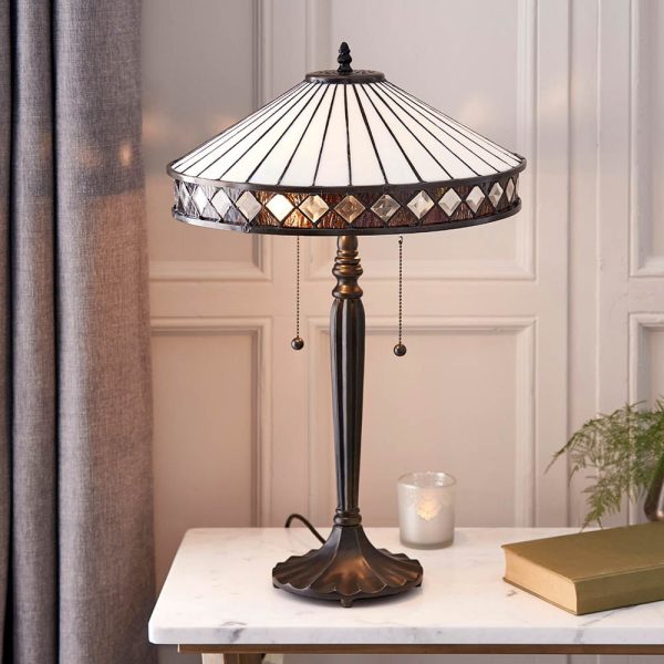 Fargo Tiffany Glass Shade Table Lamp In Satin Black | Bed Sava