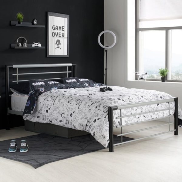 Farina Metal Double Bed In Silver And Black | Bed Sava