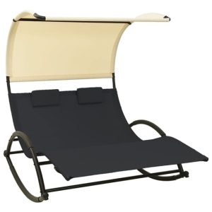 Faris Textilene Double Sun Lounger With Canopy In Black Cream | Bed Sava