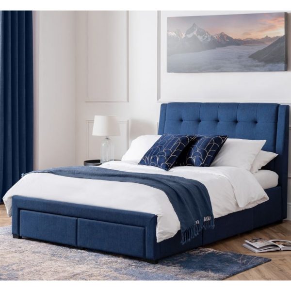 Fauna Fabric King Size Bed With 4 Drawers In Blue | Bed Sava
