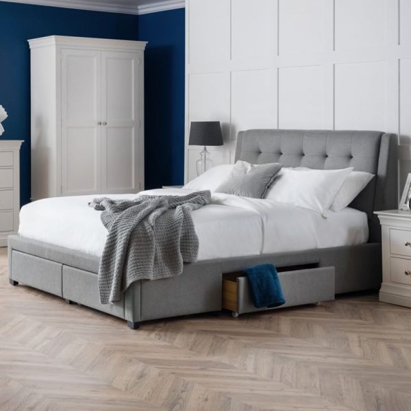 Fauna Fabric King Size Bed With 4 Drawers In Grey | Bed Sava