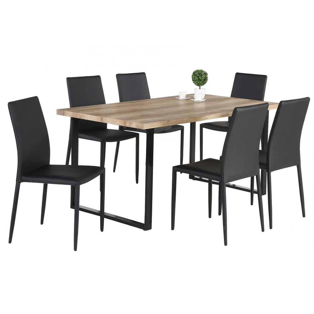 Felix Wooden Dining Table With 6 Black Chairs In Natural