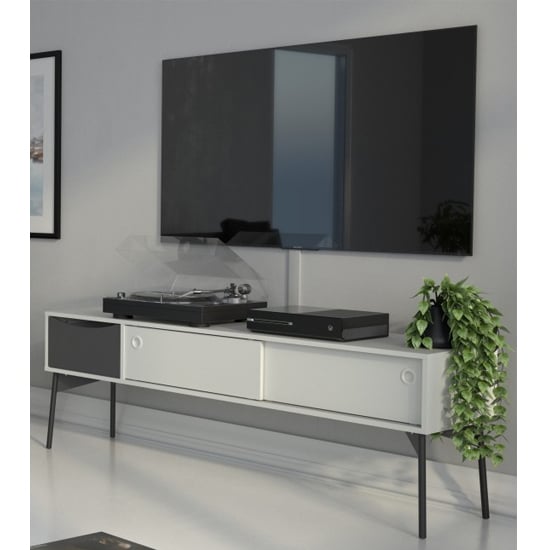 Felton Wooden TV Stand With 2 Sliding Doors In Grey And White