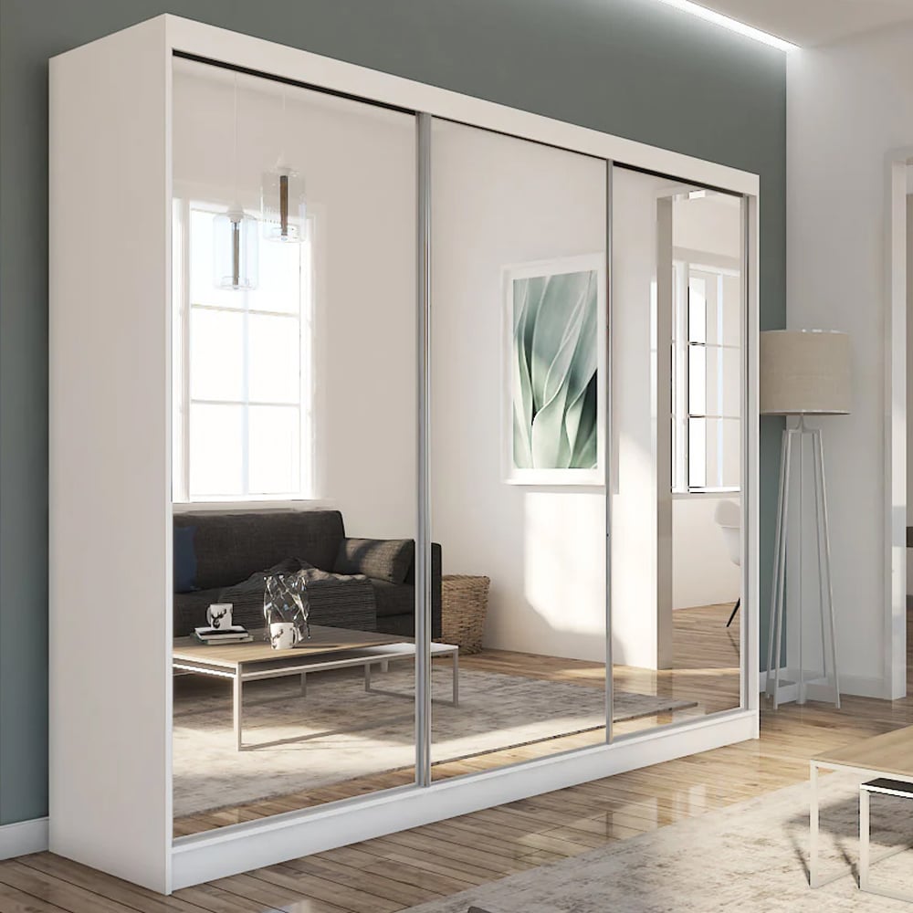 Felton Large Mirrored Wardrobe With 3 Sliding Doors In White