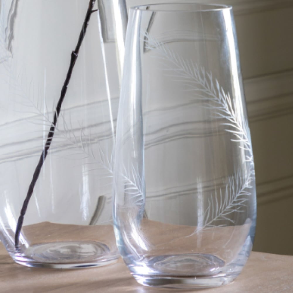 Felton Medium Glass Etched Feather Vase In Clear