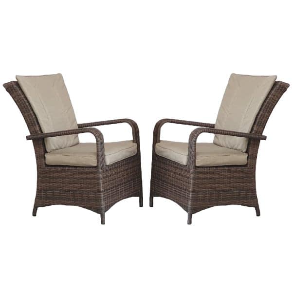 Fetsa Brown Rattan Garden Dining Chairs With Cushion In Pair | Bed Sava