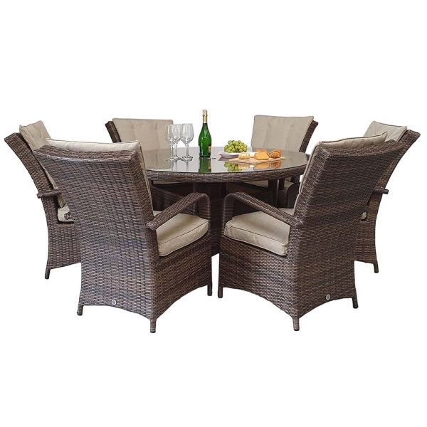 Fetsa Glass Top Garden Round Dining Set With 6 Chairs In Brown | Bed Sava
