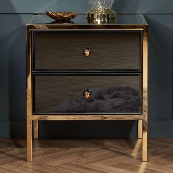 Finback Black Glass Bedside Cabinet With Gold Frame | Bed Sava