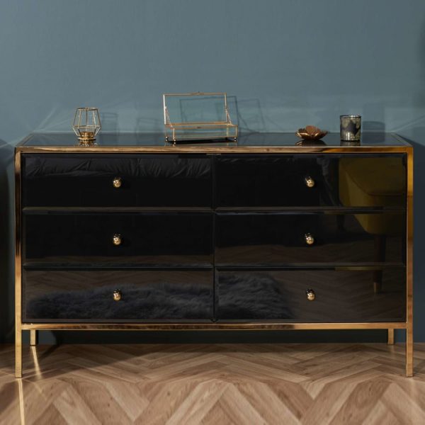 Finback Black Glass Chest Of 6 Drawers With Gold Frame | Bed Sava