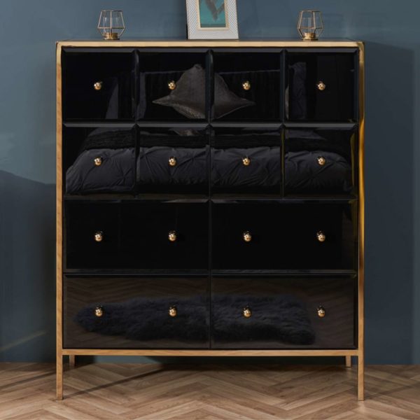 Finback Black Glass Chest Of 12 Drawers With Gold Frame | Bed Sava