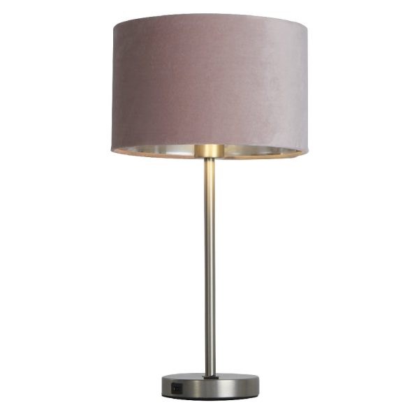 Finn Pink Velvet Shade Table Lamp With USB In Satin Nickel | Bed Sava