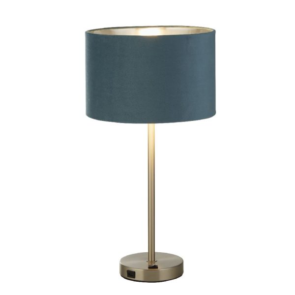 Finn Teal Velvet Shade Table Lamp With USB In Satin Nickel | Bed Sava